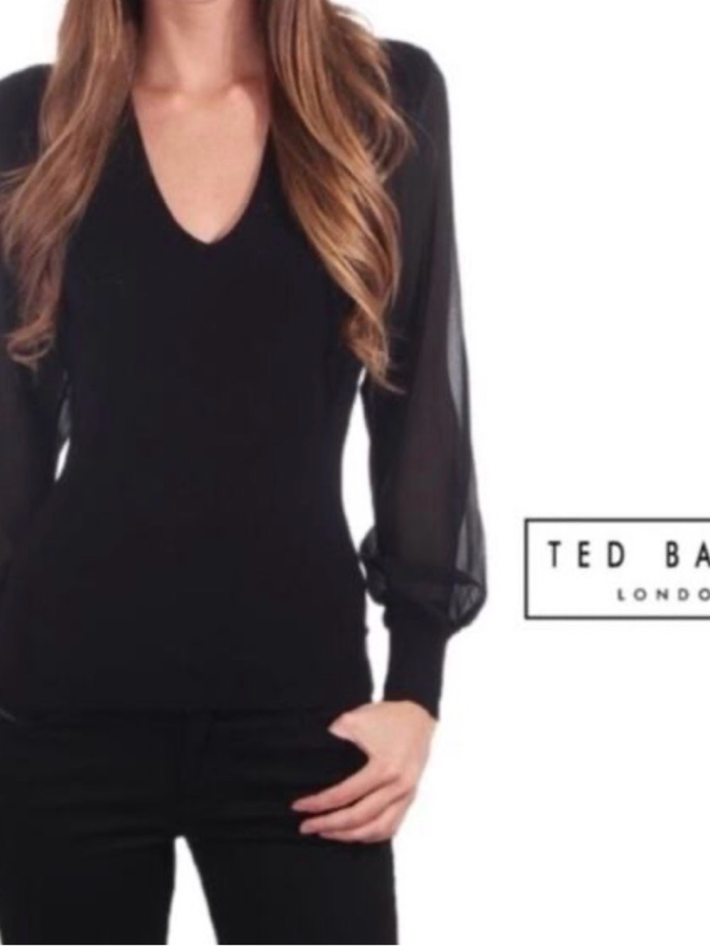 Ted Baker Black V-Neck knit top with sheer sleeves
